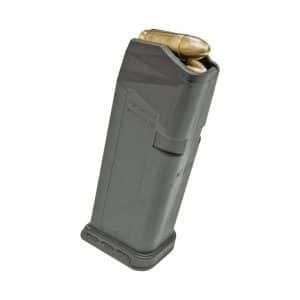 Black, high-capacity pistol magazine loaded with brass cartridges visible at the top.