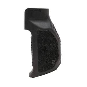 Black textured ergonomic grip accessory for a firearm, with a rubbery grip panel on the side and a smooth top edge.