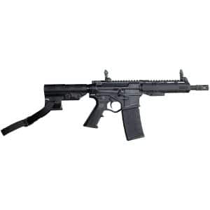 Black semi-automatic rifles with collapsible stock, pistol grip, magazine inserted, and top rails on a white background