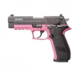 Side view of a semi-automatic pistol with a pink grip and pink frame accents against a light background, black slide visible.