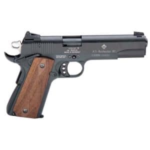 Black semi-automatic pistol with a wooden grip, shown in side profile on a white background.