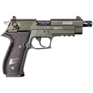 Side view of an olive‑green semi-automatic pistol with a textured grip and accessory rail under the barrel, shown in profile.