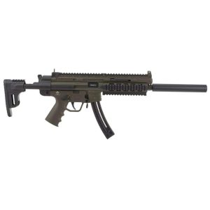 Modern assault rifle with folding stock, rail handguard, and a long barrel with a suppressor/silencer attached