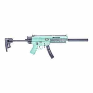 Mint-green and gray assault rifle with a telescoping stock, pistol grip, and curved magazine against a white background