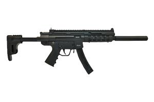 Black assault rifle with a folding stock, Picatinny rail, and curved magazine.