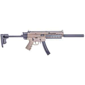 Tan and black semi-automatic rifle with a long barrel and suppressor attached.