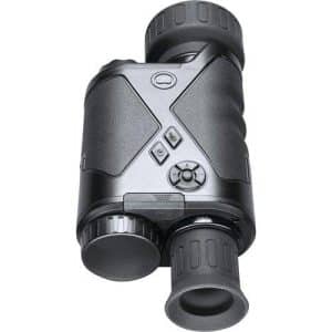 Compact rugged night-vision monocular with rubber grip and central controls.