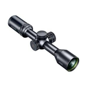 Black riflescope with adjustable turrets and objective lens, brand visible as Bushnell (scope for precision shooting).