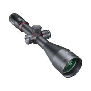 Bushnell riflescope with adjustable turrets and a large objective lens, shown from an angled side view