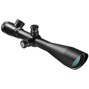 Black rifle scope with adjustment knobs and a large front lens, isolated on white.
