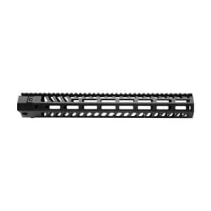 Long black rifle handguard rail with multiple mounting slots and cutouts for accessories (Picatinny/MLok style).