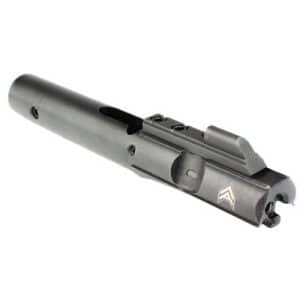 Close-up of a black metal bolt carrier component for an AR-style rifle, featuring a small triangular logo.