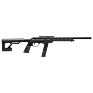 Side view of a black semi-automatic rifle with a long barrel, rail, and detachable magazine.
