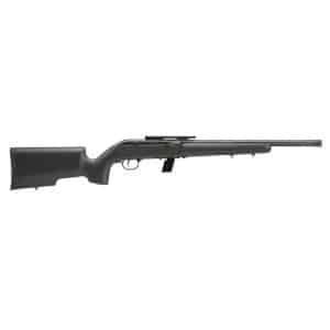 Side view of a black rifle with a long barrel and synthetic stock, shown in profile with a top rail.