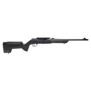 Black sniper-style rifle with adjustable stock and long barrel, viewed from the left against a white background
