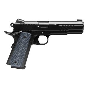 Black semi-automatic pistol shown in a side profile with a textured grip.
