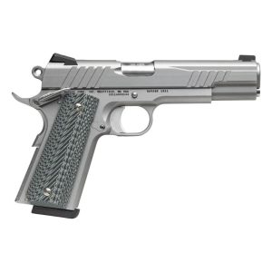 Left-side view of a silver 1911-style semi-automatic pistol with a textured grip.