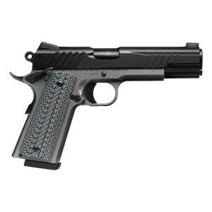 Left-facing side view of a black semi-automatic pistol with a textured gray grip and full-size trigger guard.
