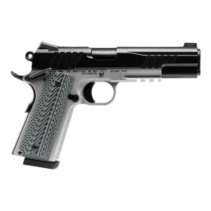 Semi-automatic pistol with a black slide and silver, checkered grip pictured against a white background, pointing to the right.