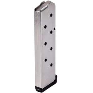 Metal handgun magazine with round-count holes along the side and a black base plate. (Informative image)