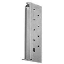 Metal handgun magazine with round-count holes, shown from the side.