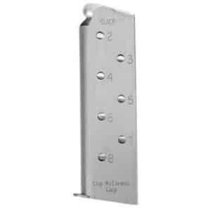 .45 ACP handgun magazine with numbered witness holes (2–8) and a metal finish.