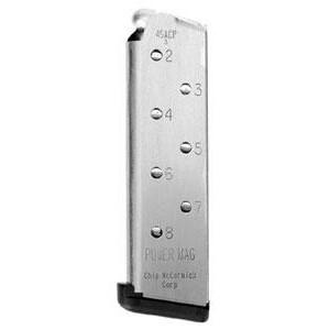 Side view of a silver handgun magazine with eight rounds and numbered witness holes along the side.