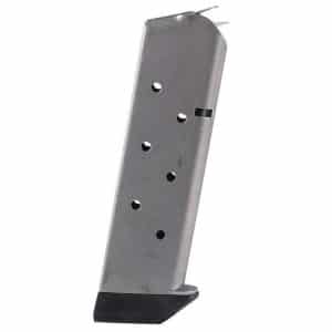 Metal handgun magazine angled upright, with round-count holes and a black base plate