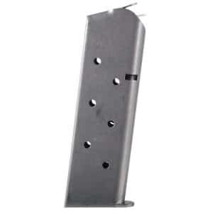 Metal pistol magazine tilted diagonally, showing round-count holes along its length.