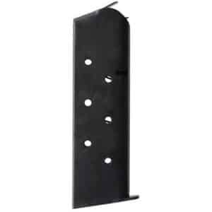 Black metal handgun magazine shown from the side with feed lips at the top and round witness holes along its body.