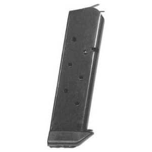 Black handgun magazine tilted diagonally, showing round-count holes against a white background.