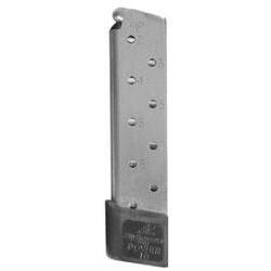Metal handgun magazine with a black baseplate and round witness holes along its body.