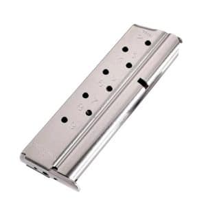 Stainless steel handgun magazine with numbered witness holes showing capacity from 1 to 9 on the side
