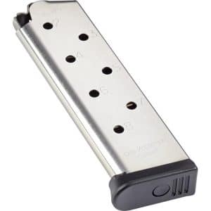 Silver handgun magazine with eight round-count holes and a black plastic base plate, angled to the left.