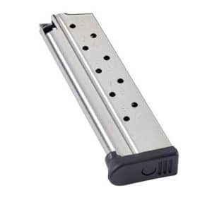 Detachable metal handgun magazine with multiple round-count witness holes and a black baseplate.