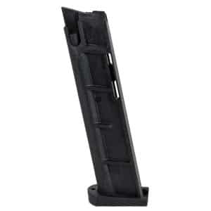 Black polymer firearm magazine standing upright with a flat base on a white background
