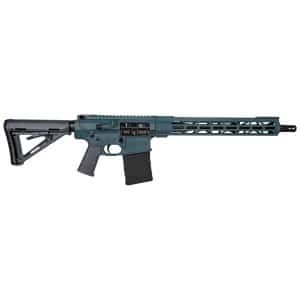 Blue/teal semi-automatic rifle with adjustable stock, pistol grip, and long vented handguard shown in profile
