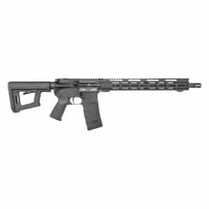 Black, semi-automatic rifle with a collapsible stock and long modular handguard shown in profile, white background