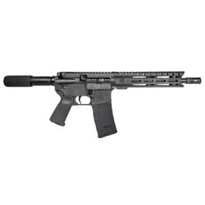 Black AR-style semi-automatic rifle with a long, vented handguard and detachable magazine