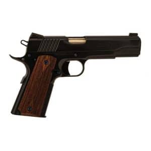 Semi-automatic handgun with a dark metal frame and brown checkered wooden grip, resembling a 1911-style pistol.
