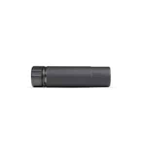 Gray firearm suppressor lying on a white background, showing its cylindrical body and threaded end(left) .