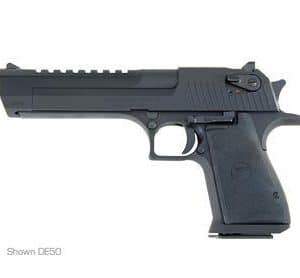 Side view of a black semi-automatic pistol with a long slide and textured grip.