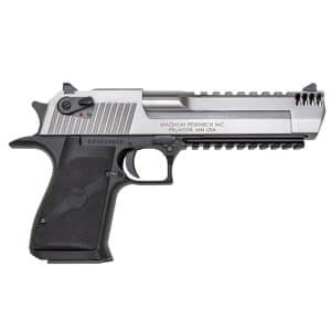 Semi-automatic pistol with a silver slide and black textured grip, stamped Magnum Research Inc., Pillager, MN USA.