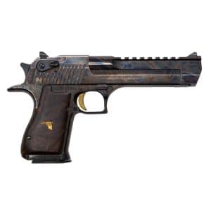 Side view of a semi-automatic pistol with a marbled blue finish, gold trigger, and wooden grip with an eagle emblem.