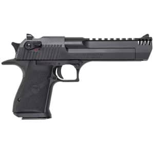 Side view of a black semi-automatic pistol with a textured grip and accessory rail.