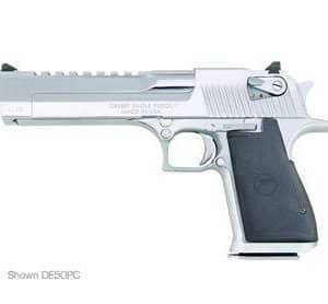 Side view of a silver Desert Eagle semi-automatic pistol with a black grip.
