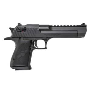 Black semi-automatic pistol with a textured grip, left-side safety, and top accessory rail.