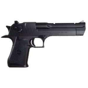 Side view of a black semi-automatic pistol with a textured grip and slide markings.