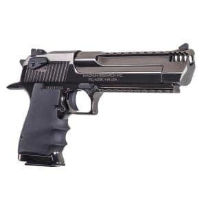 Side view of a black semi-automatic handgun with a textured grip and accessory rail, branded Magnum Research Inc.
