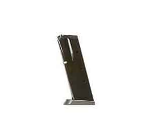 Black curved handgun magazine with a silver baseplate, standing upright on a white background.